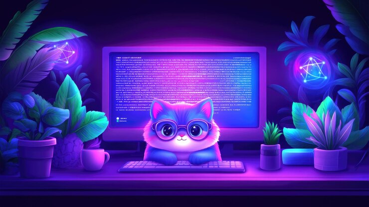Foto adorable codificador de gatos en la jungla de neón abrazando la tecnología con un toque de capricho y misterio