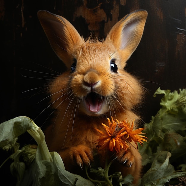 Un adorable conejito esponjoso con orejas expresivas mira a la cámara en este cautivador retrato.