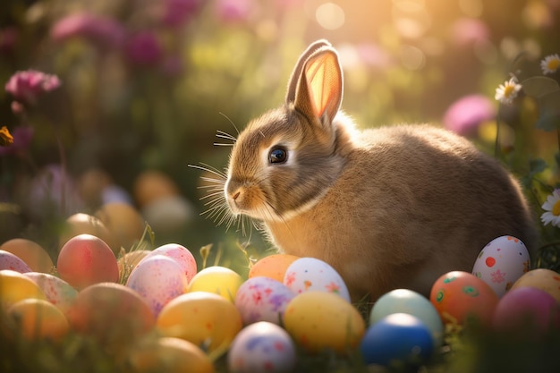 Adorable conejito de Pascua con huevos de Pascua en Flowery Meadow bajo la suave luz dorada del solxAxAxAxAAdorable conejito de Pascua con huevos de Pascua en Flowery Meadow bajo la suave luz dorada del solxAxAxAxA