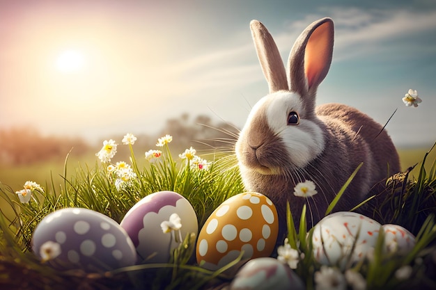 Adorable conejito de Pascua con huevos pintados de colores en el campo soleado IA generativa