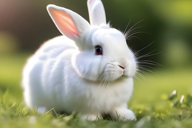 Adorable conejo blanco sentado en la hierba verde en un campo en un día soleado