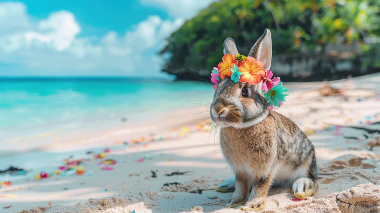 Adorable conejo con colorida corona de flores saltando en la playa tropical con el océano azul