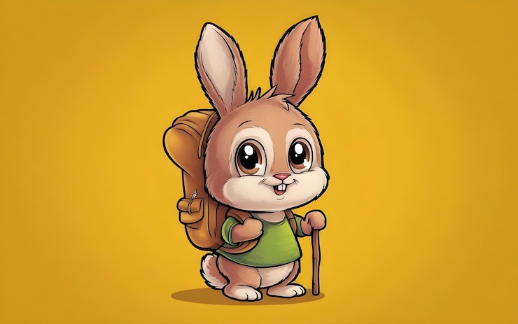 Foto adorable conejo de dibujos animados con mochila sobre un fondo amarillo brillante