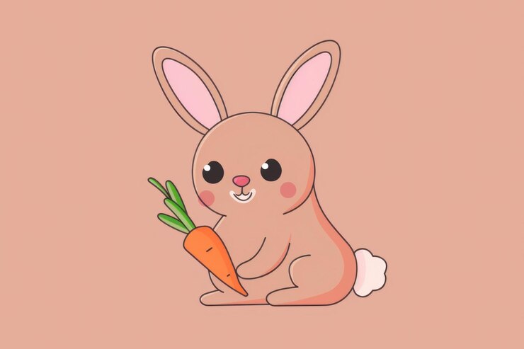 Foto adorable conejo de dibujos animados sosteniendo una zanahoria con conejo y palabras lindas en fondo rosa