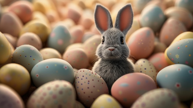 Un adorable conejo gris rodeado por un mar de huevos moteados en una cálida luz dorada un símbolo de las celebraciones de primavera y Pascua