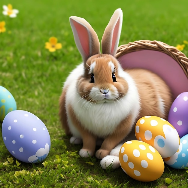 Adorable conejo con huevos de Pascua generado por la IA