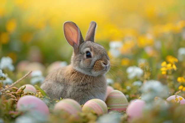 Foto adorable conejo con huevos de pascua en el prado de flores