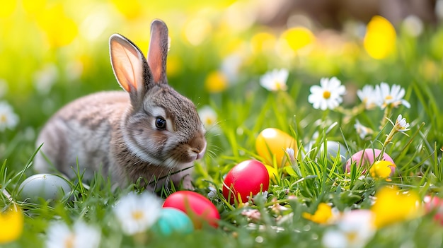 Adorable conejo con huevos de Pascua en el prado de flores