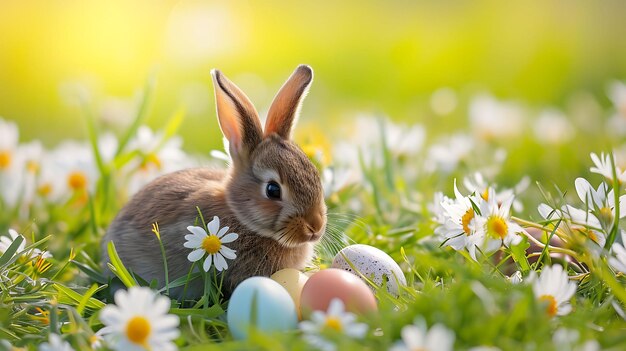 Adorable conejo con huevos de Pascua en el prado de flores