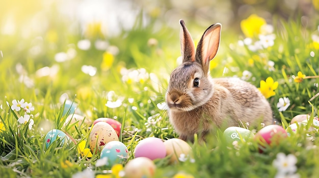 Adorable conejo con huevos de Pascua en el prado de flores