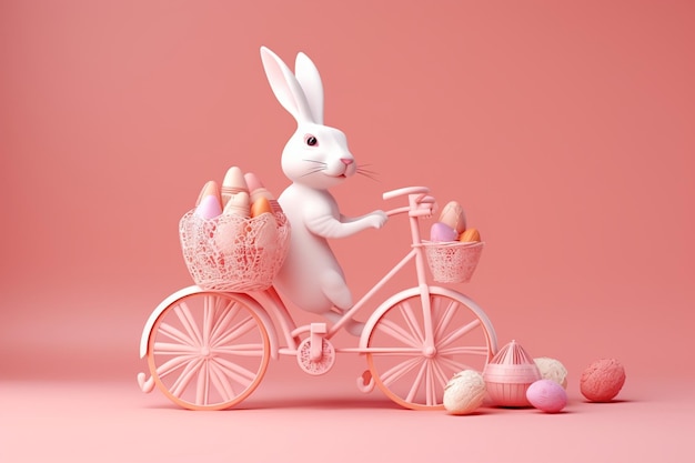 Adorable conejo montando una bicicleta con una canasta llena de huevos de pascua sobre fondo rosa AI generativo