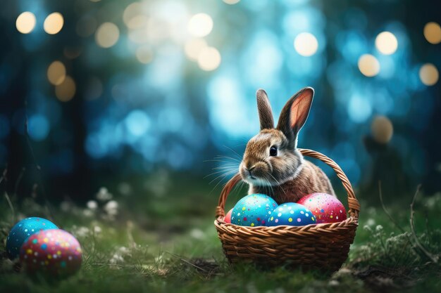 Adorable conejo de Pascua con huevo decorativo en una canasta en medio de verduras de primavera IA generativa