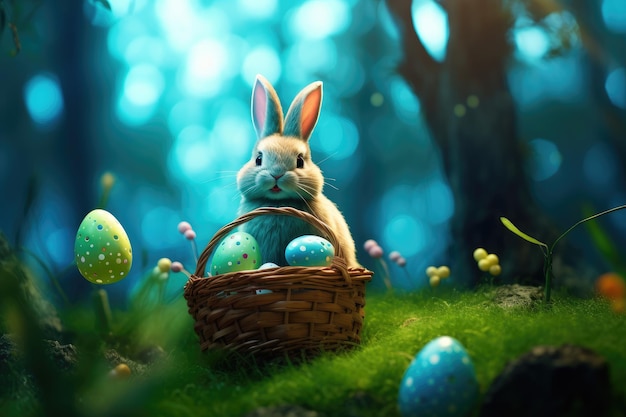 Adorable conejo de Pascua con huevo decorativo en una canasta en medio de verduras de primavera IA generativa