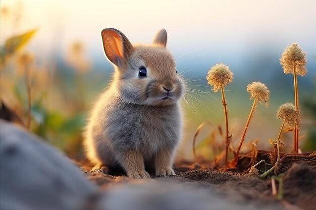 Adorable conejo pequeño relajándose en un campo de flores de verano con un amplio espacio para el texto de Pascua