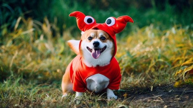 Un adorable corgi vestido con un traje cómico que adopta una pose con una expresión juguetona que es su