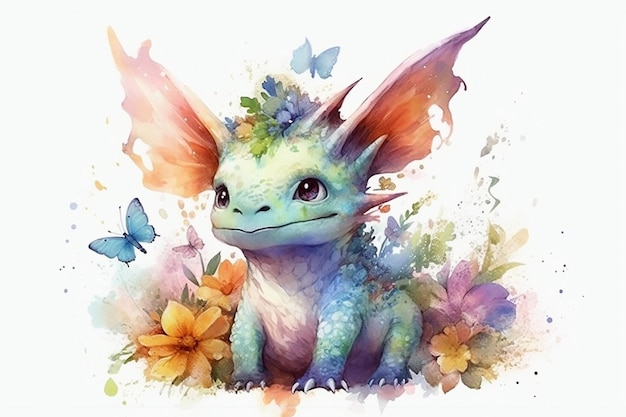 Adorable criatura hada dino Flores y mariposas