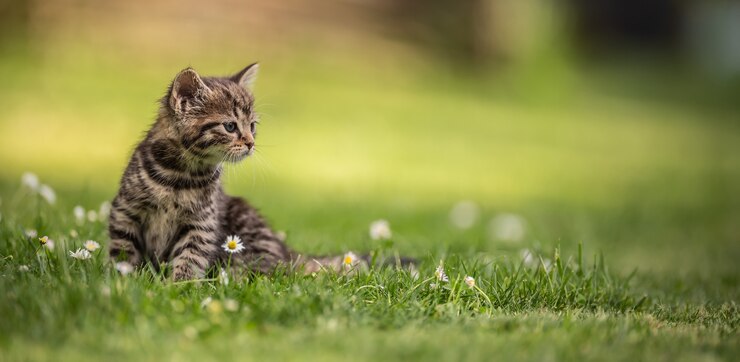 Adorable y curioso gatito atigrado jugando vigorosamente en el jardín en la hierba.
