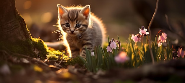 Adorable y curioso gatito explora alegremente la cautivadora belleza de las maravillas de la naturaleza