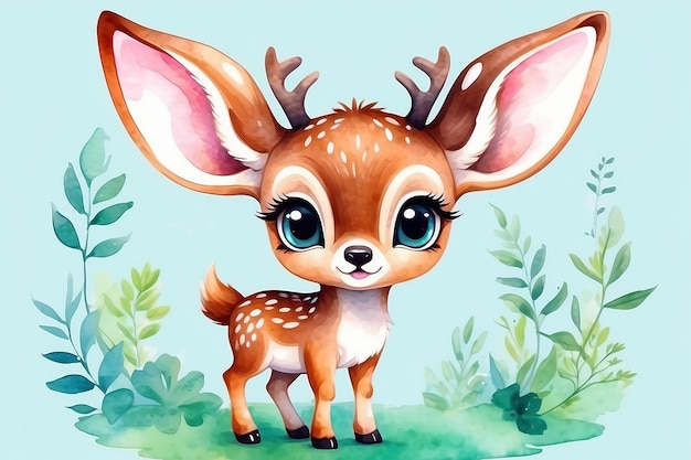 Adorable Cutie Baby Deer mit riesigen Augen in Kawaii Aquarell-Stil Generative KI
