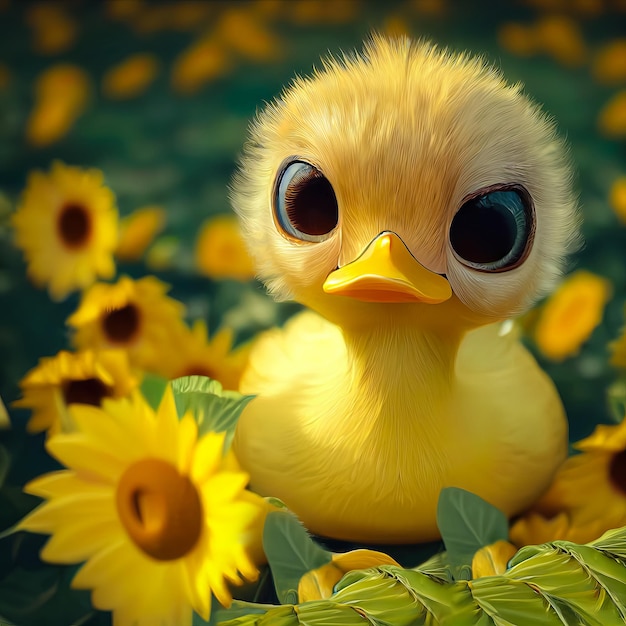 Adorable diseño de personaje de pato bebé en campo de girasol animación de dibujos animados de pato lindo