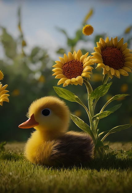 Adorable diseño de personaje de pato bebé en campo de girasol animación de dibujos animados de pato lindo