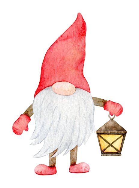Adorable duende escandinavo de gnomo navideño con ilustración de acuarela de linterna