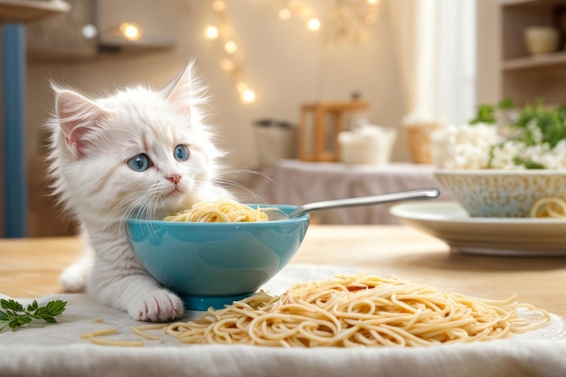 Adorable encuentro gatito de angora turco disfrutando de un plato de espagueti