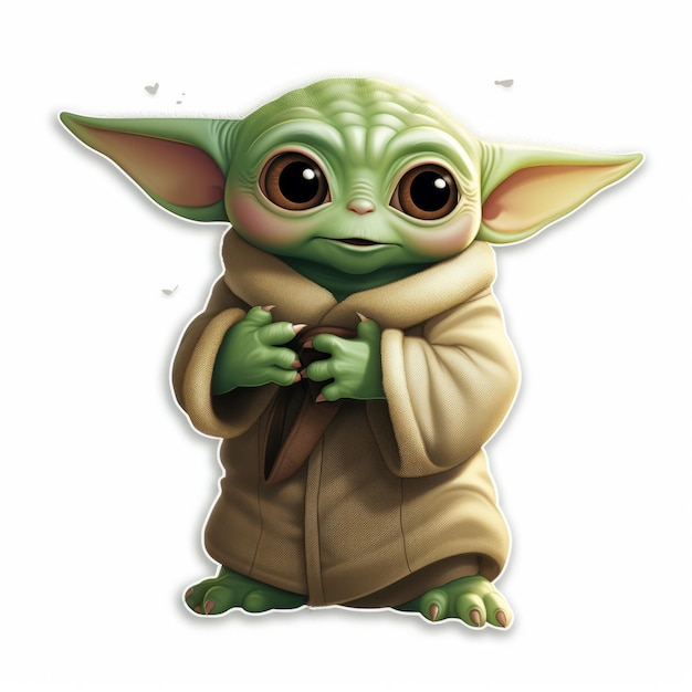 El adorable encuentro de Grogu Baby Yoda sosteniendo una pegatina de rana en un lindo fondo blanco