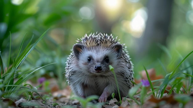 Adorable erizo caminando en la maleza del bosque con un fondo de follaje verde vibrante en la naturaleza