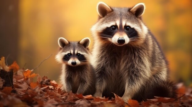 Adorable familia de mapaches en el hábitat natural con espacio de copia para el texto de fondo borroso