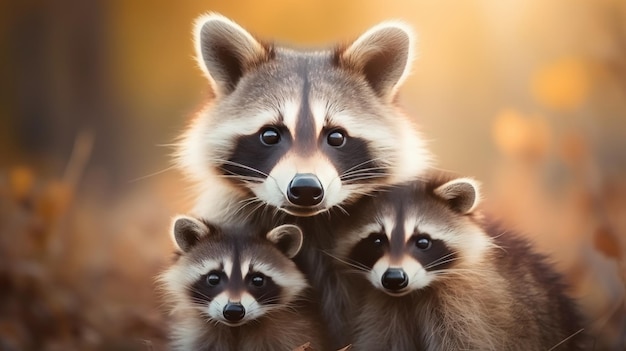 Foto adorable familia de mapaches en su hábitat natural sobre un fondo borroso con espacio para copiar texto