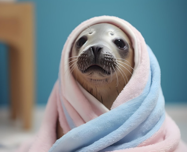 Adorable foca envuelta en una toalla generada por IA