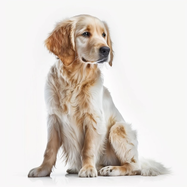 Adorable foto de golden retriever con fondo blanco.