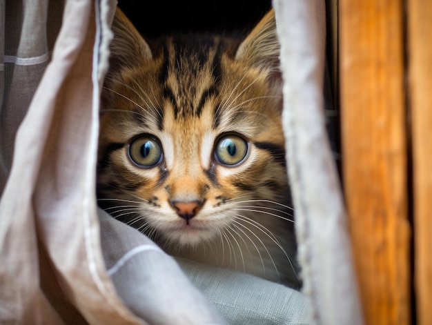 adorable gatito asomándose detrás de una cortina