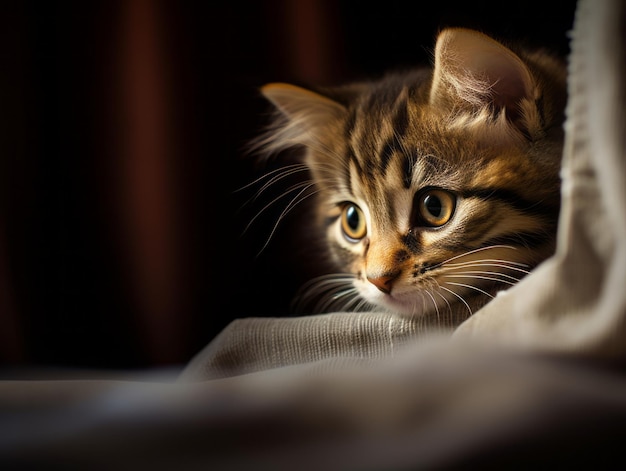 adorable gatito asomándose detrás de una cortina