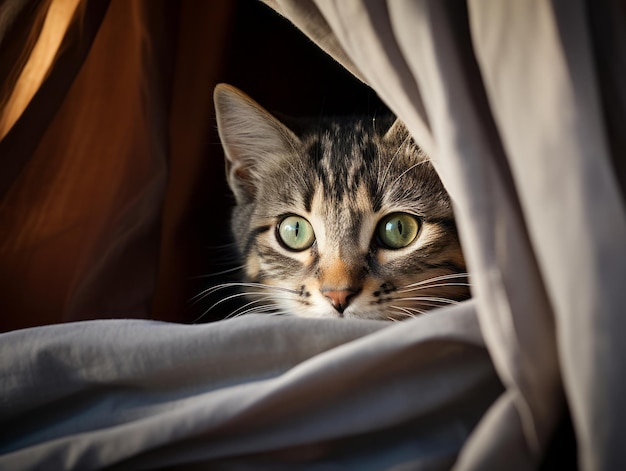 adorable gatito asomándose detrás de una cortina