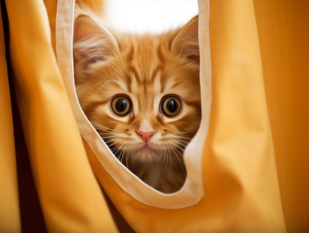 adorable gatito asomándose detrás de una cortina