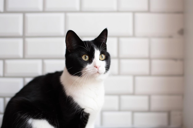 Adorable gatito blanco y negro con pared monocromática detrás de ella