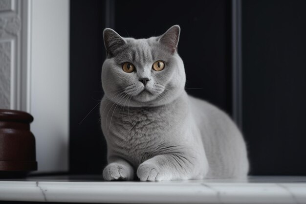 Adorable gatito británico de pelo corto con una pared monocromática detrás de ella