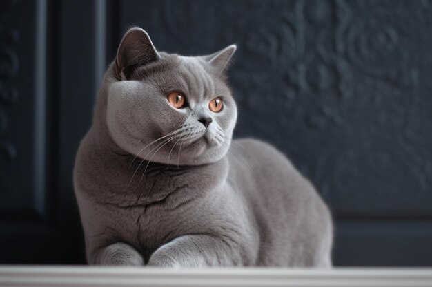 Adorable gatito británico de pelo corto con una pared monocromática detrás de ella