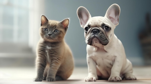 Adorable gatito y bulldog francés con espacio libre para texto