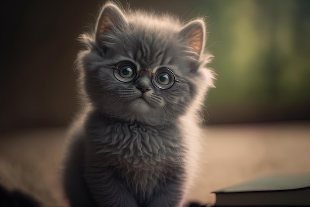 Adorable gatito gris con gafas