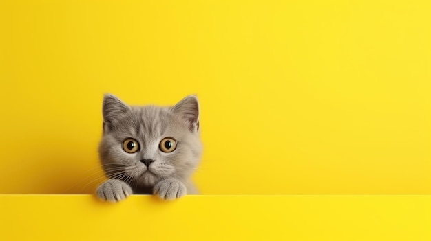 Adorable gatito gris con grandes ojos mirando a través de una superficie amarilla brillante con mucho espacio para el texto