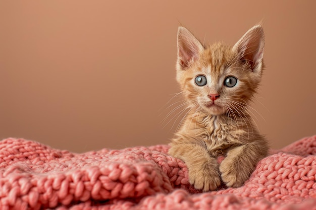 Adorable gatito de jengibre sentado en una suave manta de punto rosa contra un fondo neutral con copia