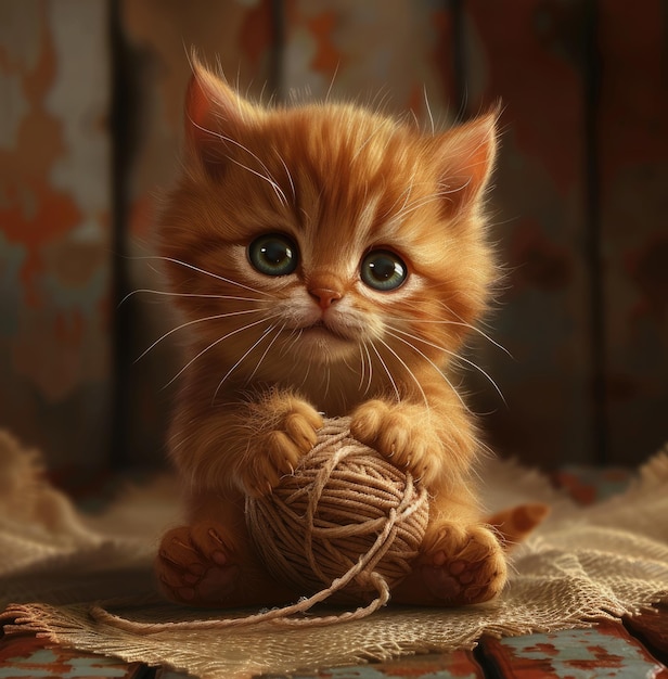 Adorable gatito naranja se embarca en aventuras de hilo una encantadora escena de curiosidad felina y juego