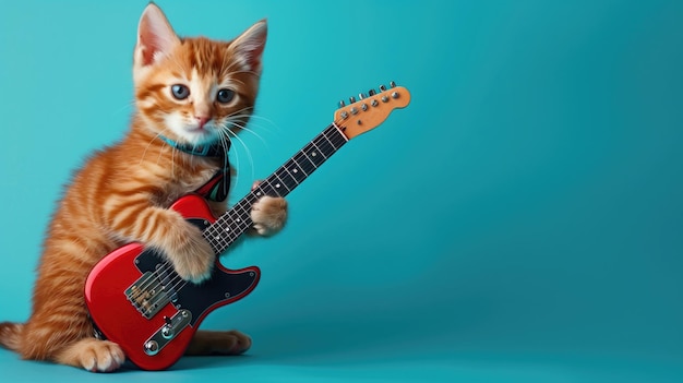 Adorable gatito naranja con una pequeña guitarra contra un fondo azul