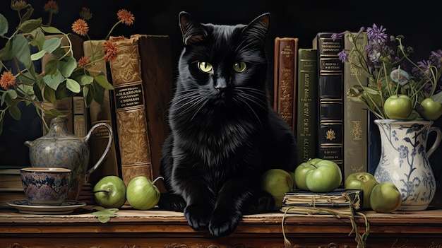 Adorable gatito negro con manzana Naturaleza muerta de un lindo gato doméstico y fruta