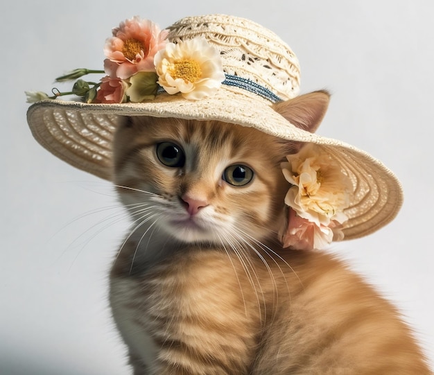 Foto adorable gatito en un sombrero de paja fondo blanco