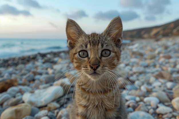 Adorable gatito Tabby de pie en la playa de guijarros con las olas en el fondo al atardecer