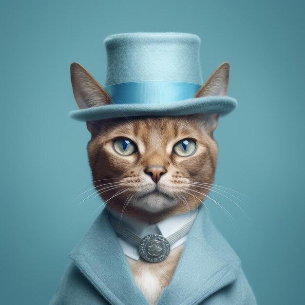 Adorable gato abisinio con sombrero y traje fotografía hiperrealista